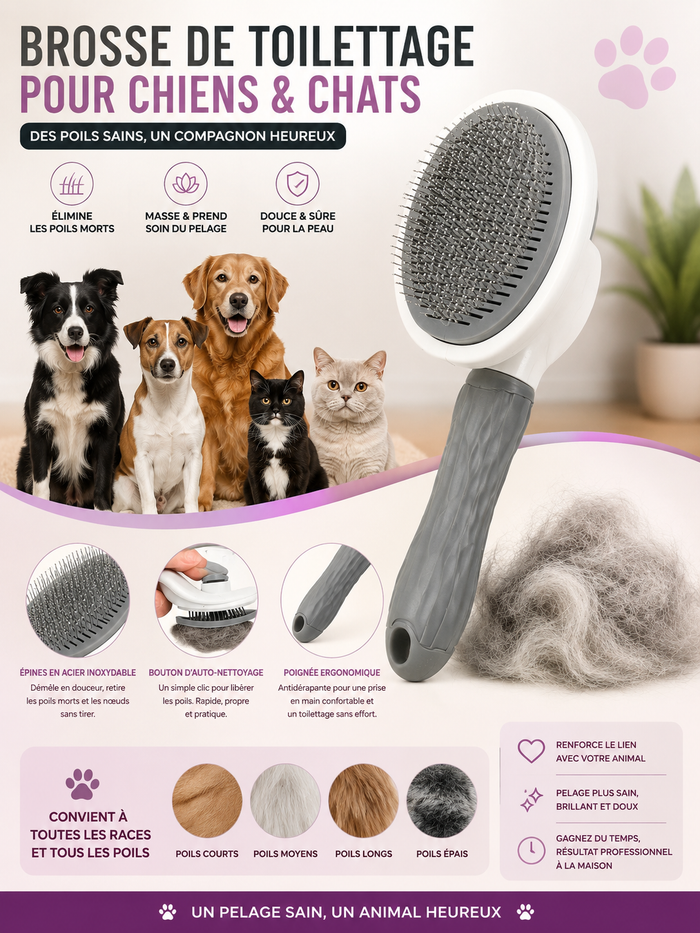 Brosse de Toilettage Auto-Nettoyante pour Chien & Chat
