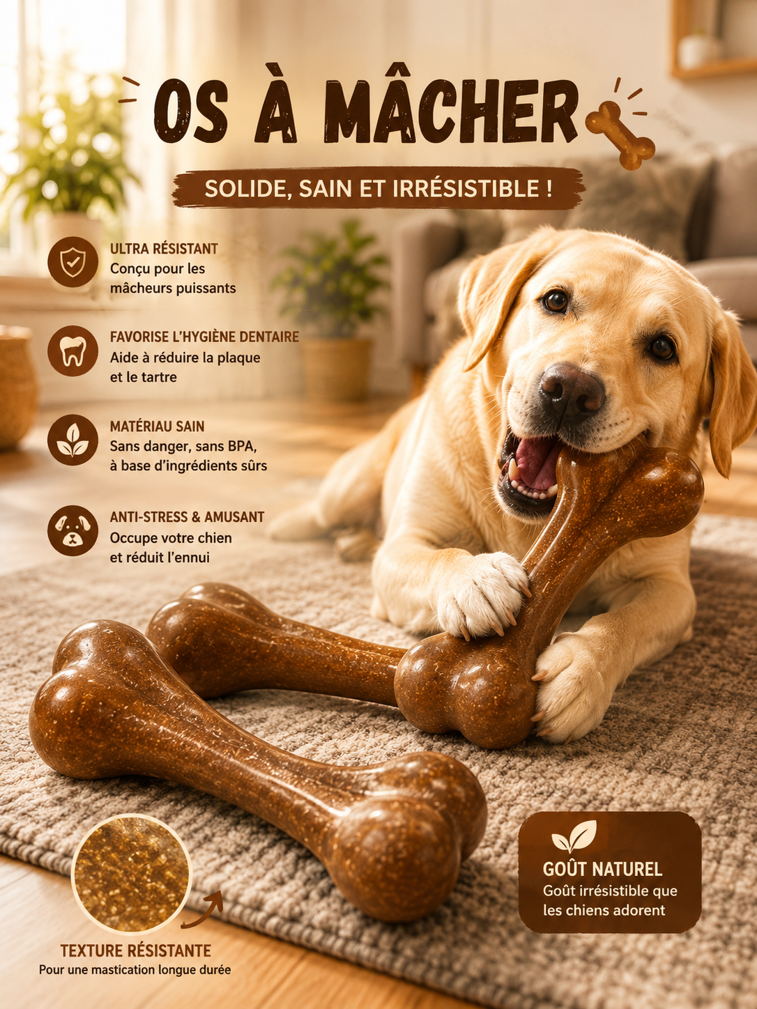 Os à Mâcher en Bois Naturel pour Chien