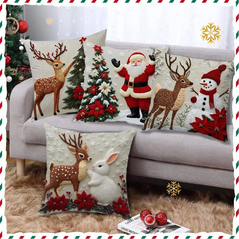 Housse de Coussin de Noël - Renne, Père Noël & Bonhomme de Neige (45x45cm)